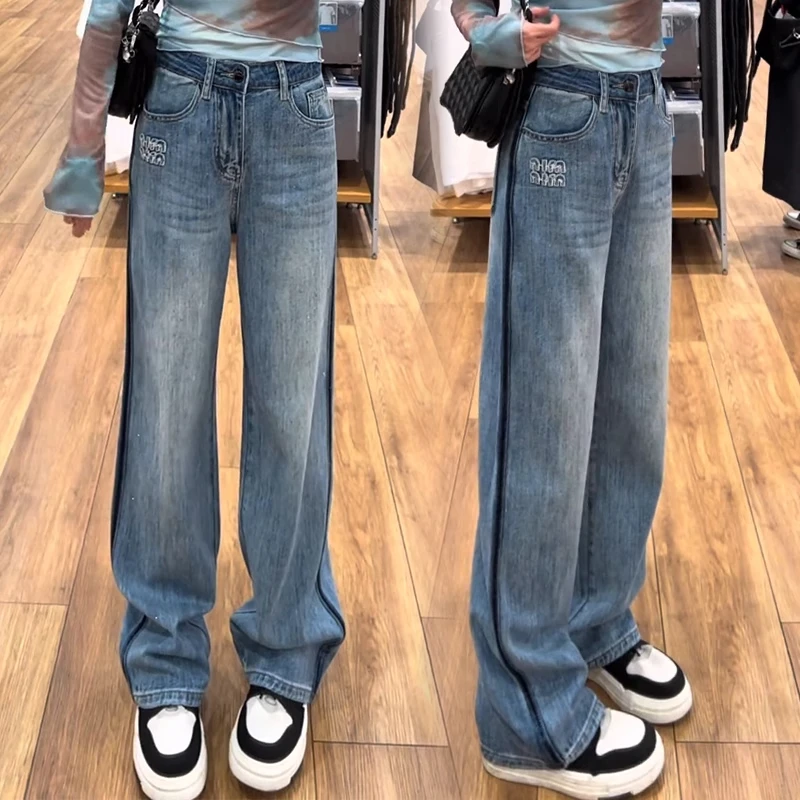 时尚复古高腰烫钻直筒牛仔裤女2025春季新款设计感宽松显瘦阔腿裤