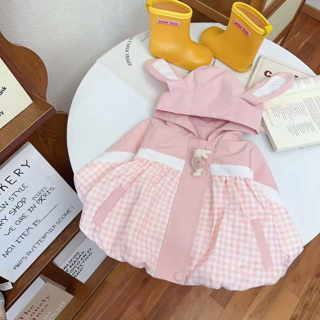 卡通风格子公主风连帽女普通外套童装外套秋装