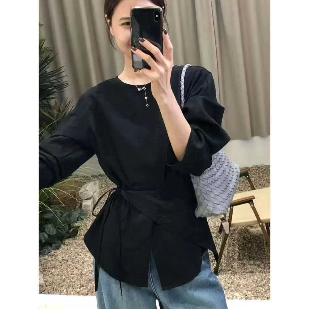 法式设计感不规则绑带长袖衬衫女2025年秋季气质收腰显瘦别致上衣