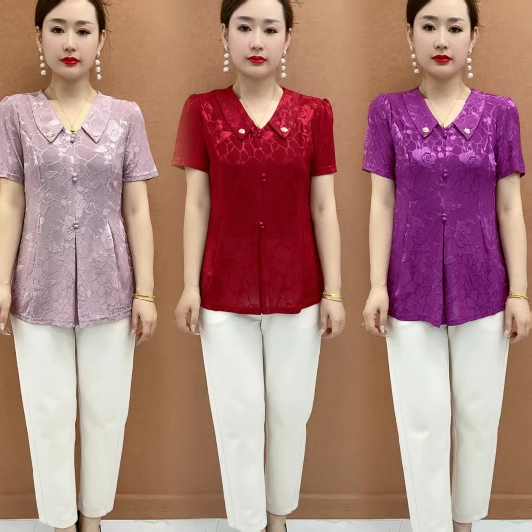 修身型显瘦中老年中年翻领中老年女装薄款打底时尚女装妈妈装