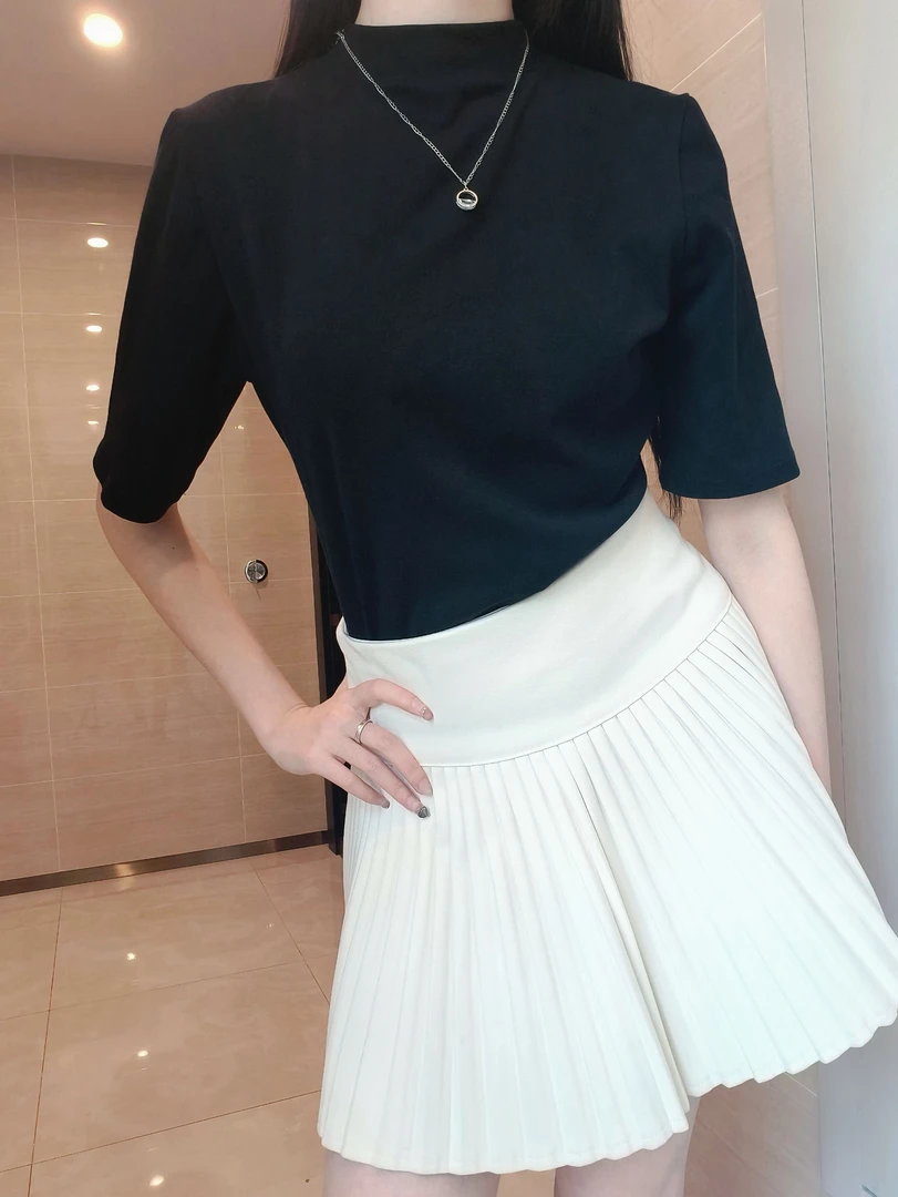 棉杉显瘦气质时尚百搭夏季黑色修身半高领圆领