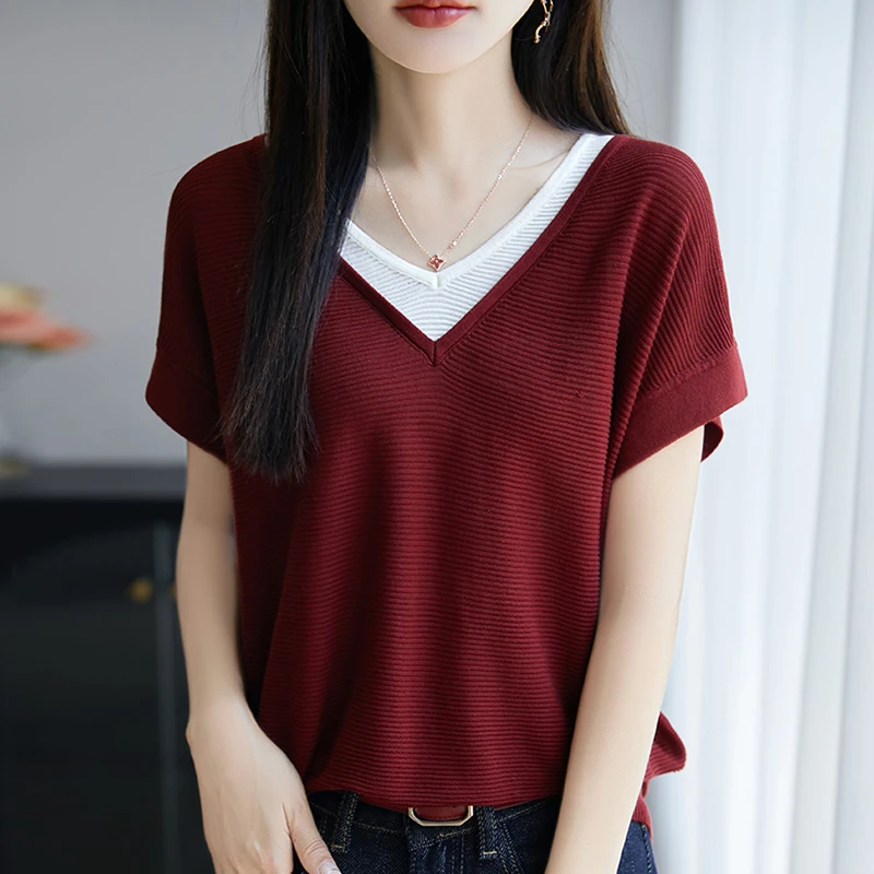 夏季大码V领针织衫女宽松假两件上衣显瘦百搭薄款洋气条纹短袖T恤