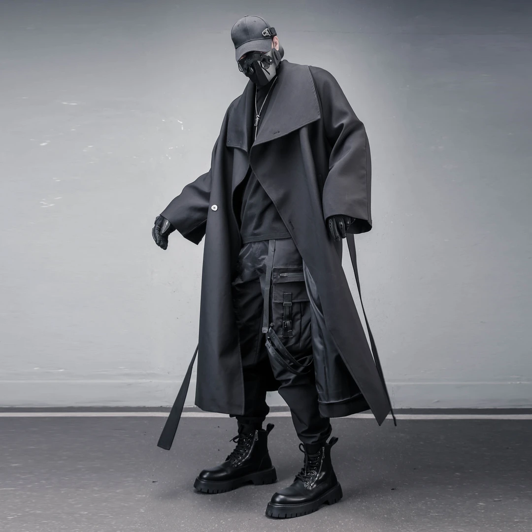 山本耀司风剪裁腰带设计秋季长款风衣男暗黑时尚潮流宽松过膝外套