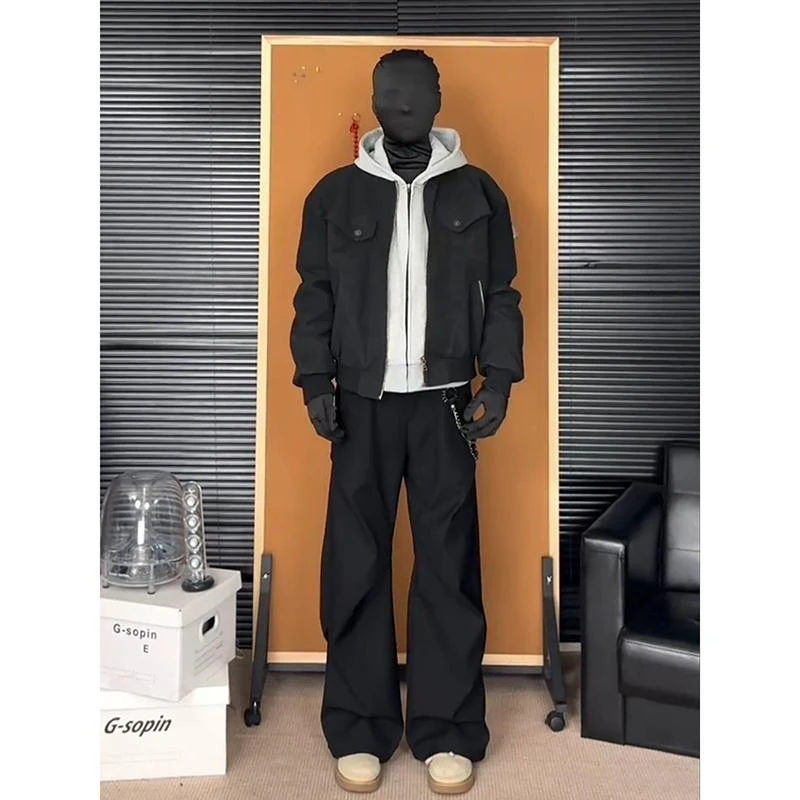 行星世界黑色褶皱西裤男款春秋美式伞兵工装裤子cleanfit潮牌阔腿