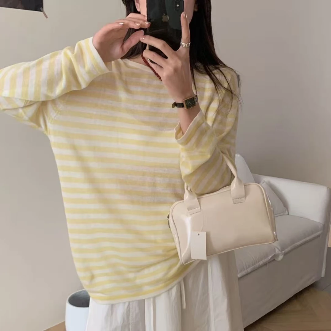 7308#秋季新款圆领长袖宽松女百搭防晒时尚蓝条纹拼色打底上衣女