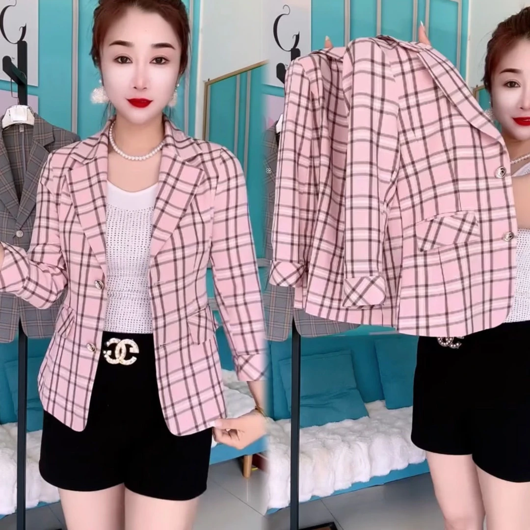 2025夏新款薄料流行格子西服外套修身显瘦有腰型西服上衣爆款外搭