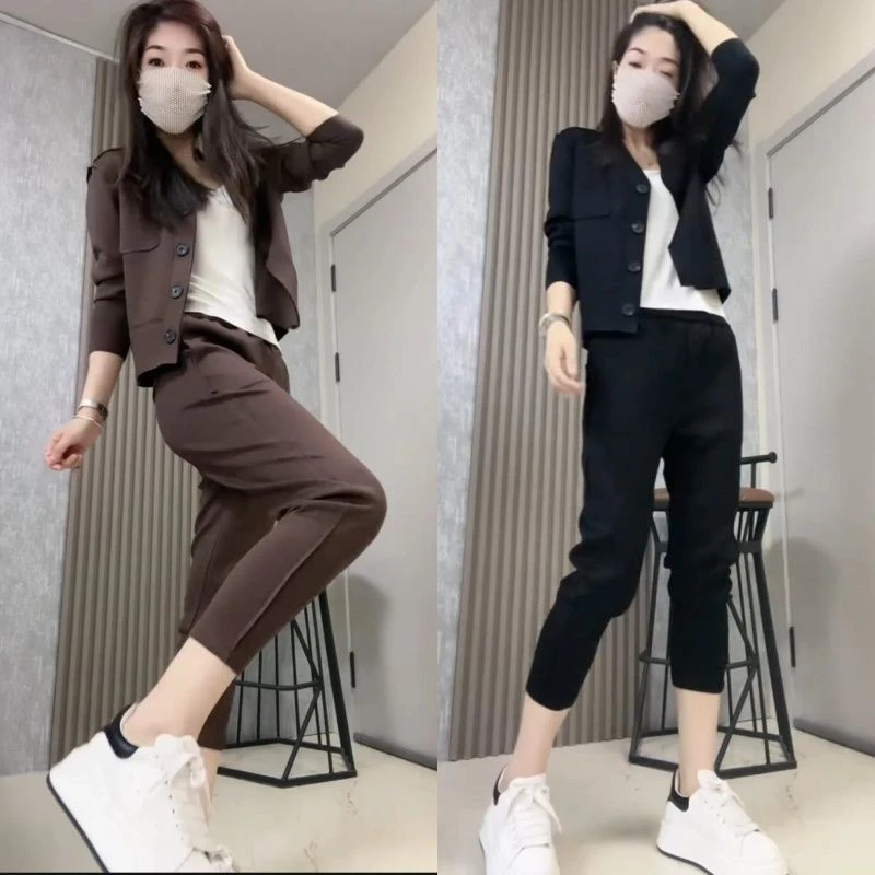 秋季款时尚套装女休闲开衫外套+高腰哈伦裤纯色洋气显瘦气质2件套