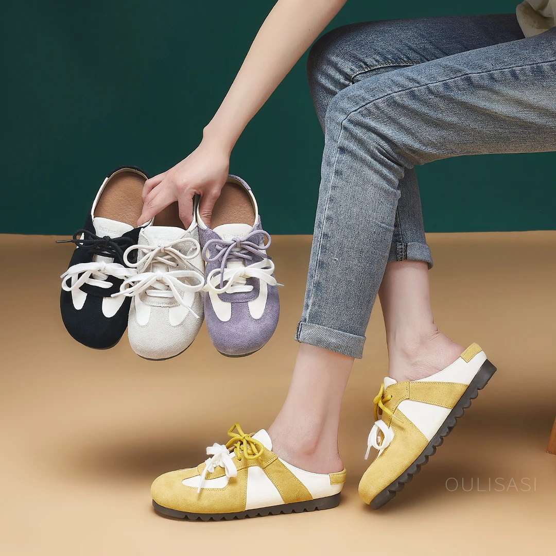 | 致橡树 | 566真皮女鞋平跟舒适百搭休闲鞋后空半拖