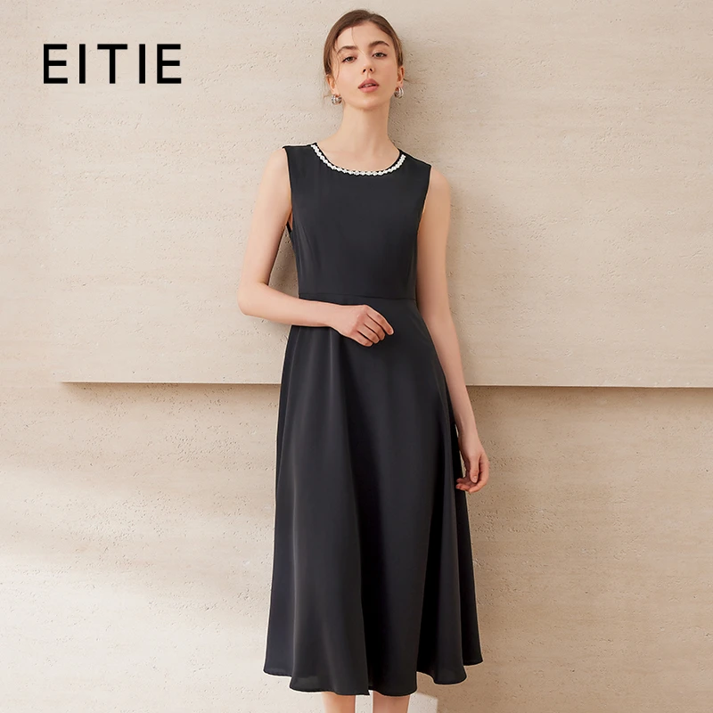 EITIE爱特爱轻礼服钉珠圆领无袖收腰大裙摆黑色连衣裙B2507618