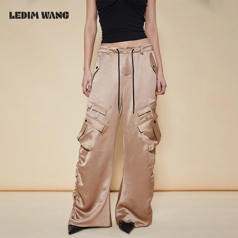 ledim wang多袋抽褶工装裤女卡其色小众设计高级感宽松百搭风长裤