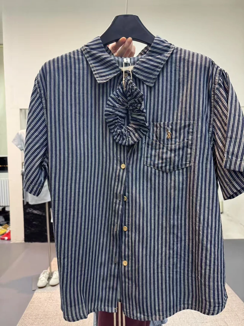 NICE圈圈、头花条纹牛仔衬衫小刺绣高级感薄款牛仔衬衣A7035