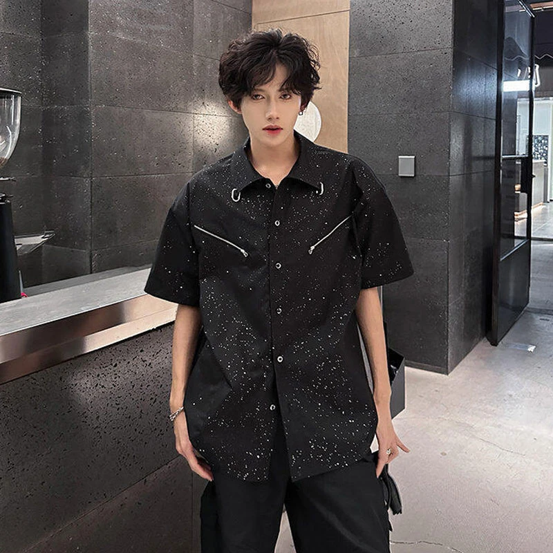 满天星工装短袖衬衫男夏季痞帅高级感拉链衬衣cleanfit美式外套