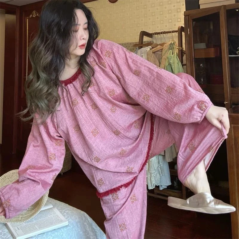 春秋季睡衣女士长袖家居服2025年新款纯棉印花全棉套装粉色宽松