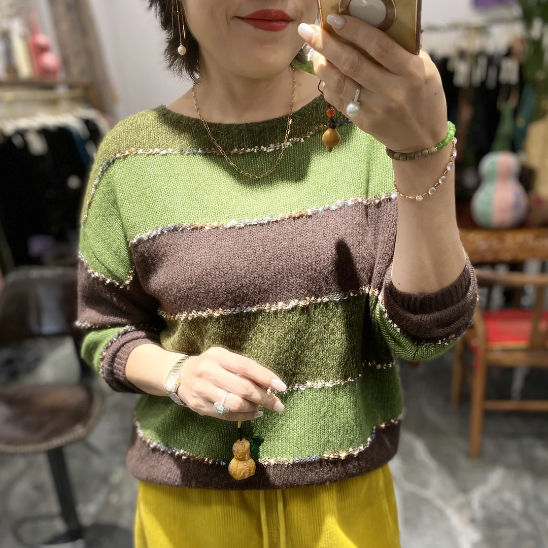 慵懒宽松高级撞色绵羊毛山羊绒针织开衫毛衣女秋