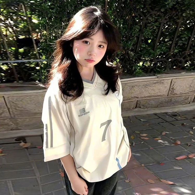 韩系穿搭撞色条纹v领短袖T恤女夏季运动宽松百搭球衣纯棉半袖上衣