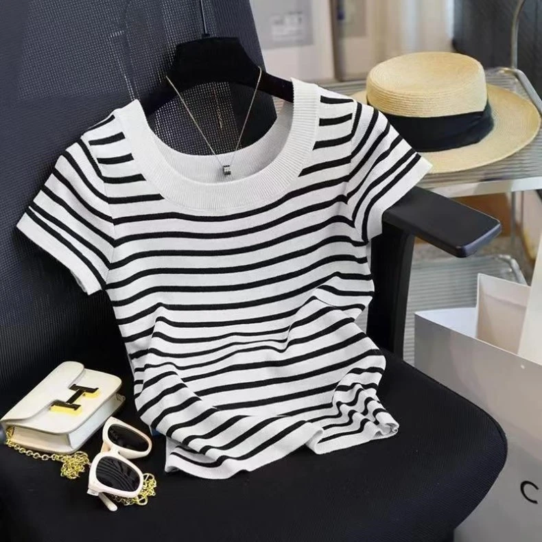 显瘦条纹U领针织短袖T恤2025年法式夏季百搭时尚不挑人精致上衣女