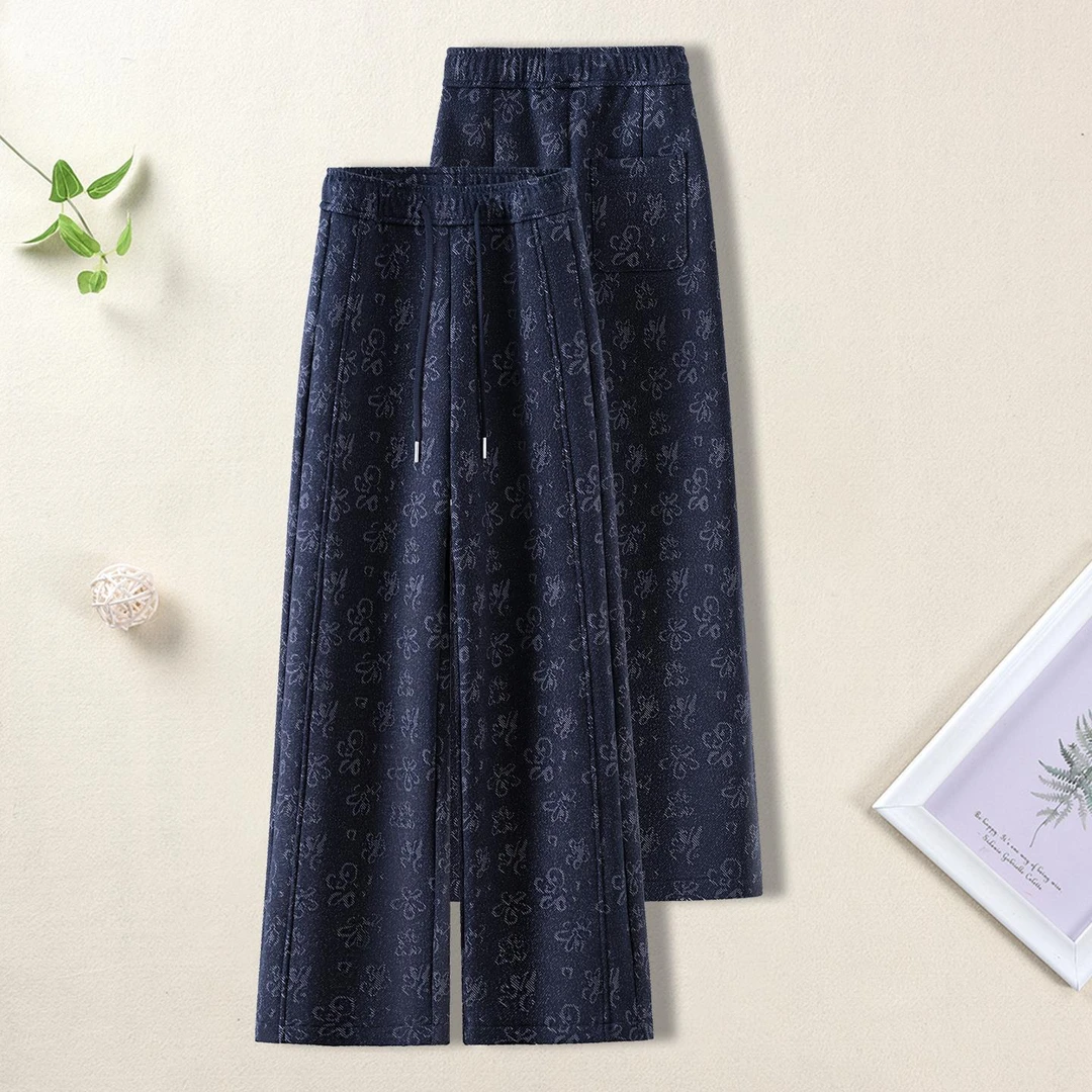 休闲牛仔裤女加绒裤窄版阔腿裤2025冬季新品百搭松紧腰花女裤冬裤