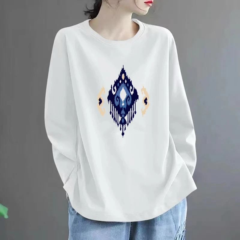 春秋纯棉长袖T恤宽松大码女装时尚中长款上衣百搭圆领显瘦打底衫