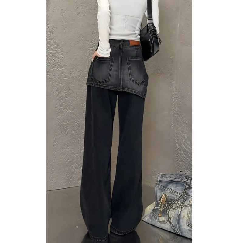 小个子牛仔裤女士2025秋季新款爆款裤子高腰设计感黑色宽松阔腿裤