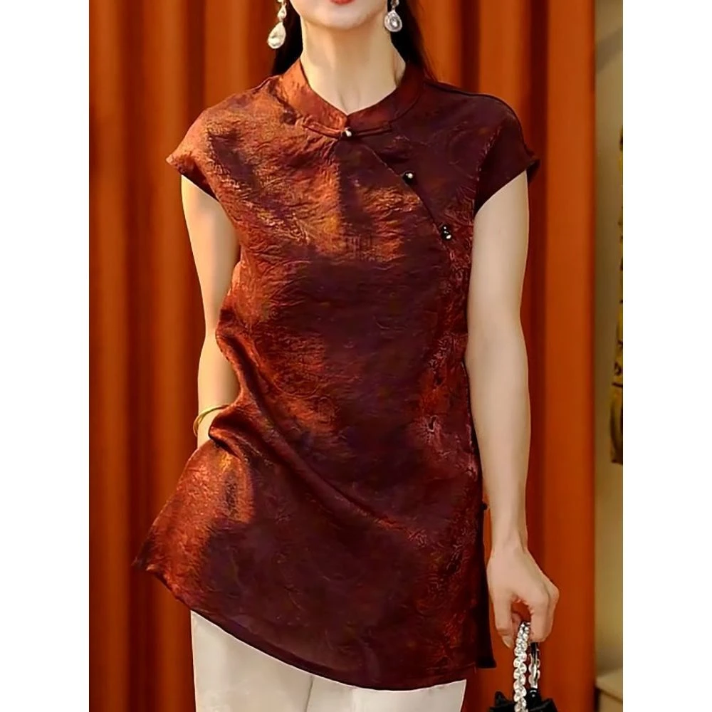 时髦气质贵妇人高级感立领短袖衬衫女2025夏季新款减龄显瘦上衣