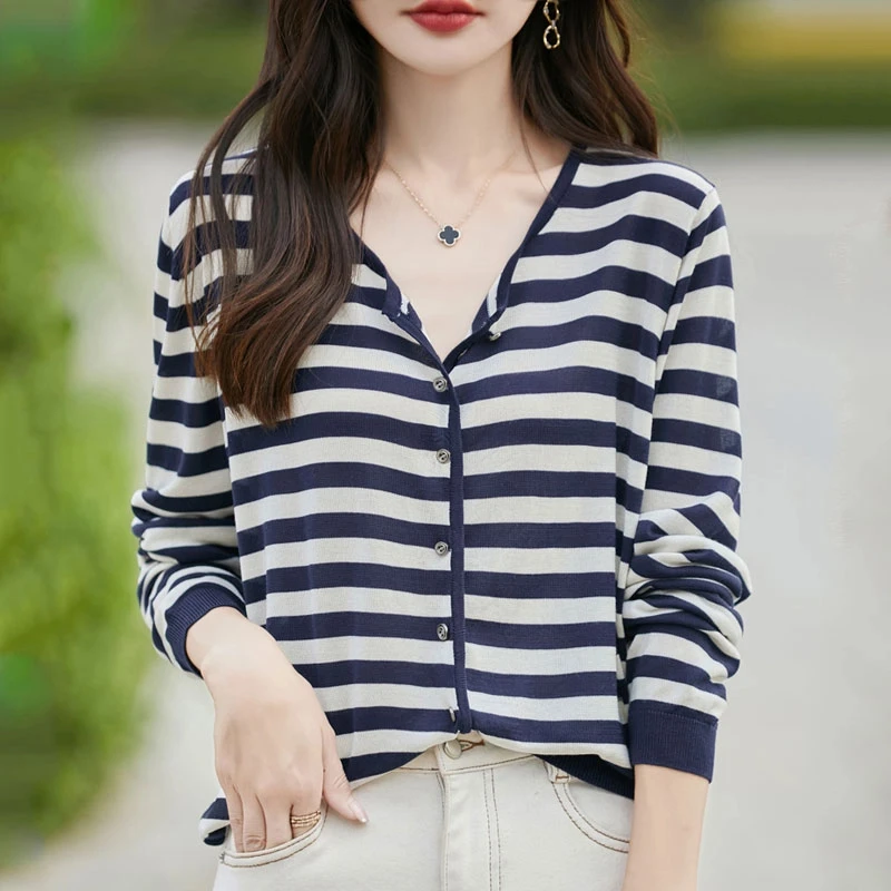 24春秋款100%莱赛尔天丝长袖开衫女圆领条纹拼色外搭宽松针织上衣