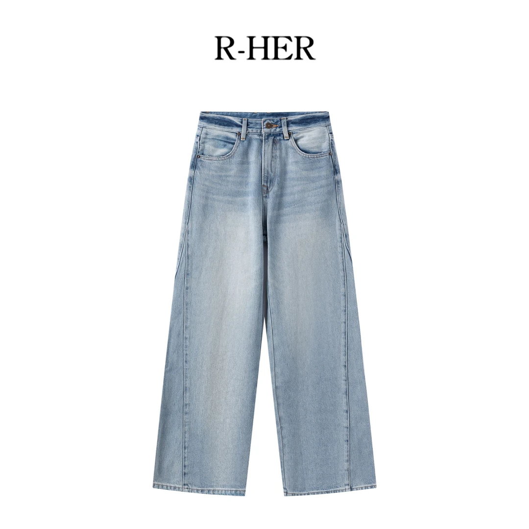 R-HER【斜边线构】夏季新款时尚休闲百搭洋气衣服女气质直筒牛仔裤