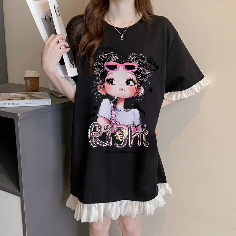 黑色纯棉短袖T恤女2025夏季爆款韩版宽松显瘦遮肉蕾丝拼接连衣裙