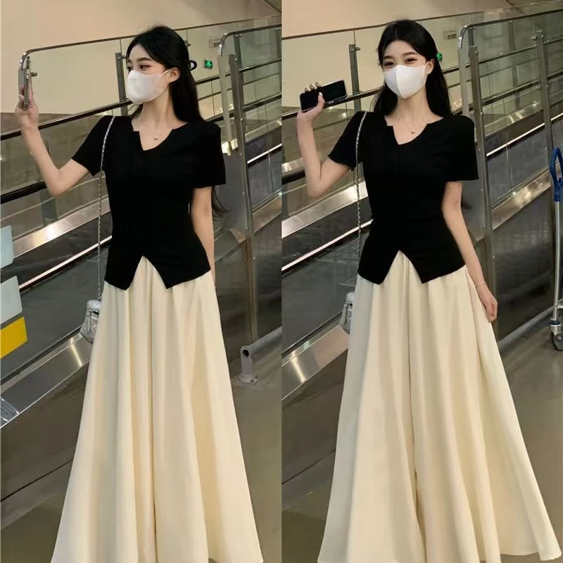 大码法式领短袖恤女夏季新款设计感高腰垂感阔腿裤裙显瘦两件套