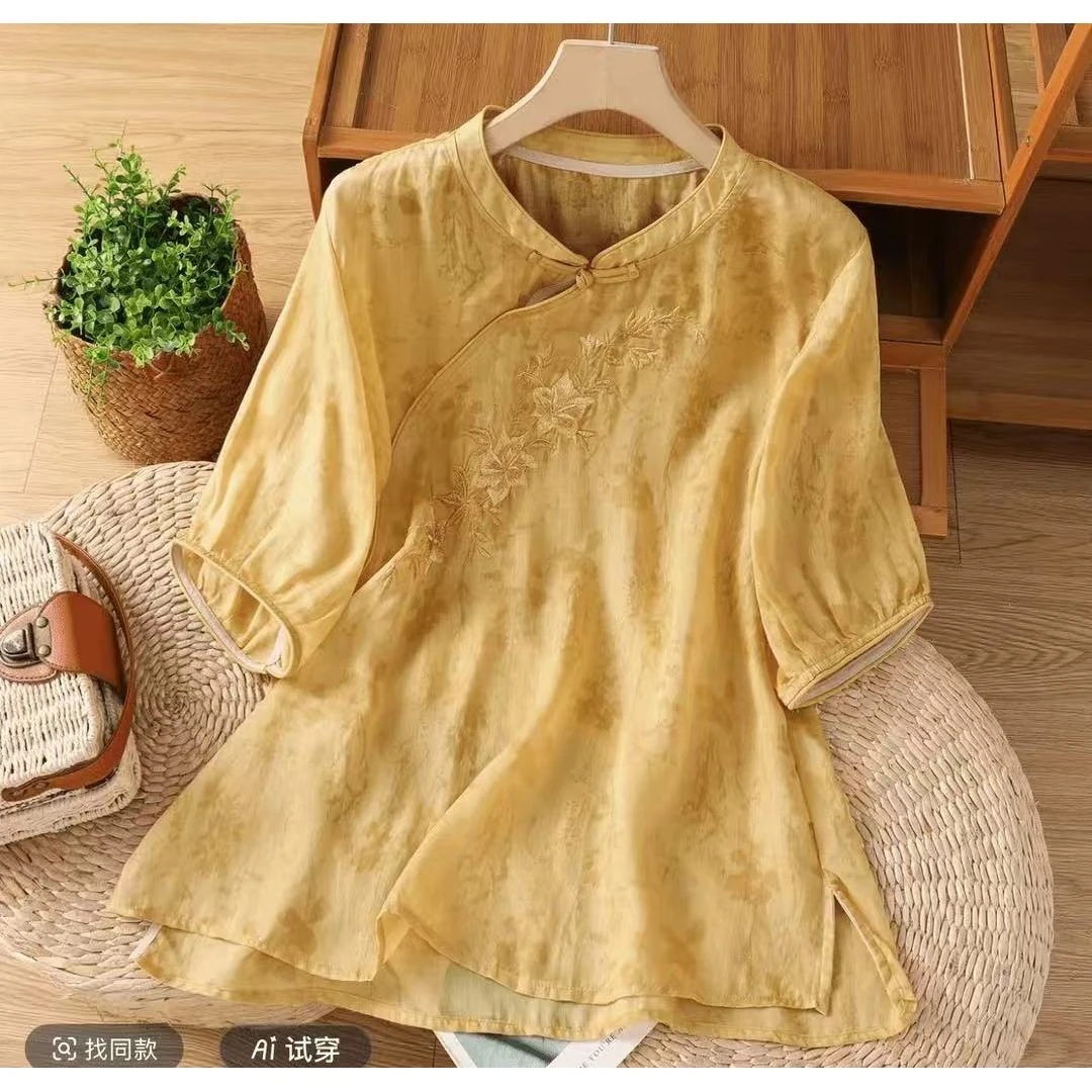 2025夏装新款新中式国风花衬衫女复古斜襟盘扣茶服上衣