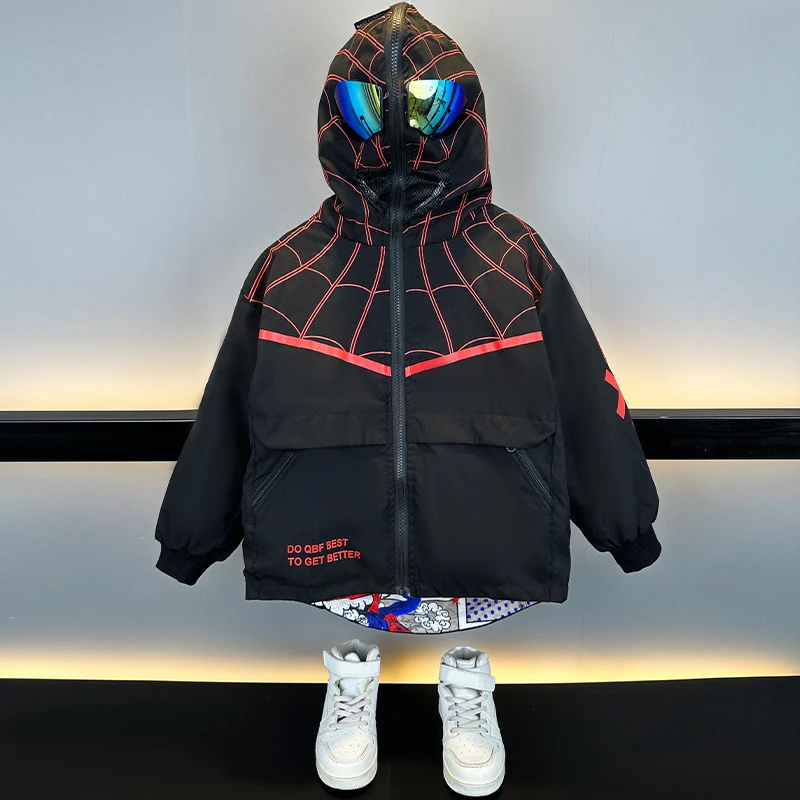 男童蜘蛛侠外套两面穿上衣2024春装中大童连帽带眼镜遮面风衣儿童