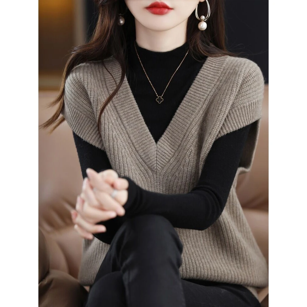 马甲女秋冬外穿V领无袖套头毛衣针织背心坎肩宽松慵懒风上衣