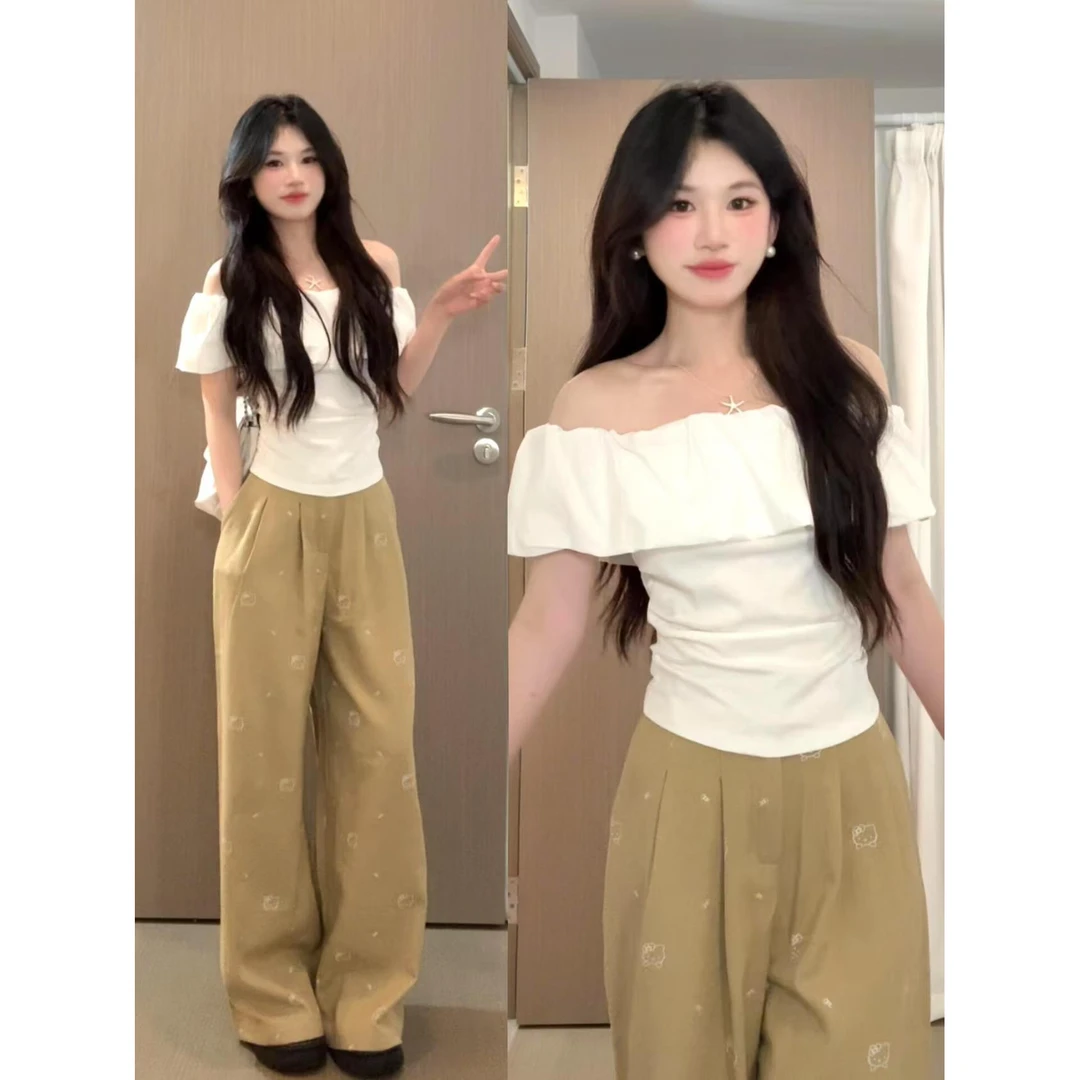 白色荷叶边气质一字领短袖t恤女夏季紧身显瘦高级感休闲百搭衬衣