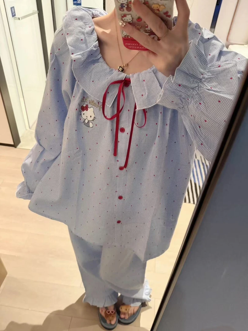 日系甜美可爱卡通小猫娃娃领睡衣女春秋新款少女学生可外穿家居服