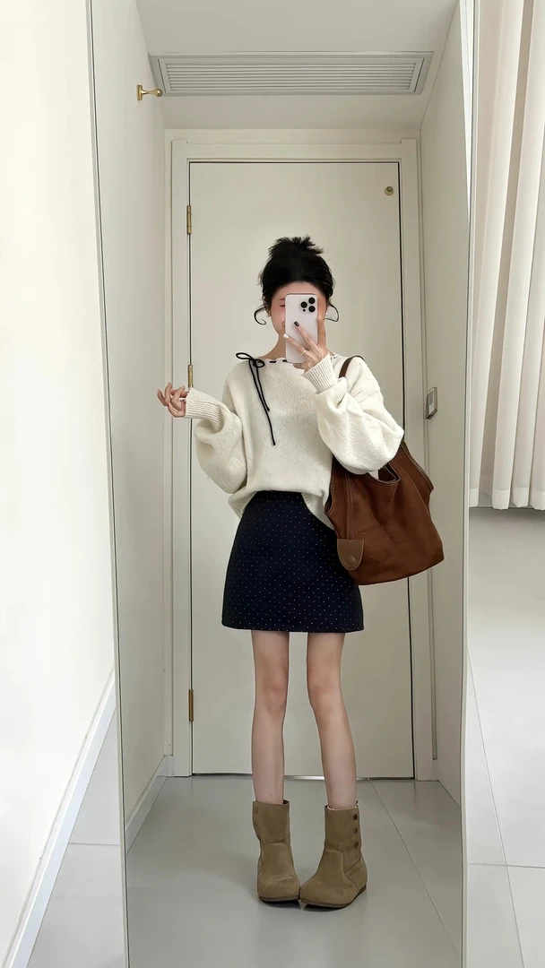 【长岛假期】慵懒风INS风休闲时尚套装设计针织套头毛衣波点半身裙