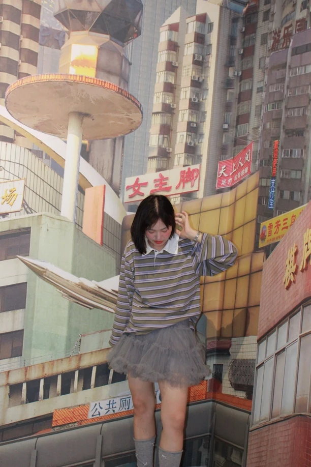 TOTHEND“时髦程序员”初秋日杂女孩的条纹polo长袖T小众复古