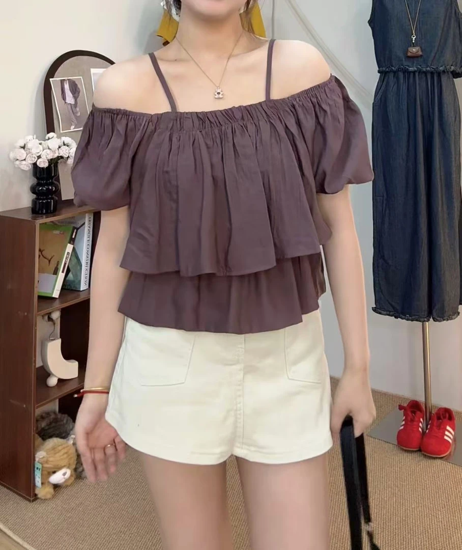 MAMIE【紫韵】 法式一字肩上衣女夏季新款荷葉邊方領泡泡袖小衫