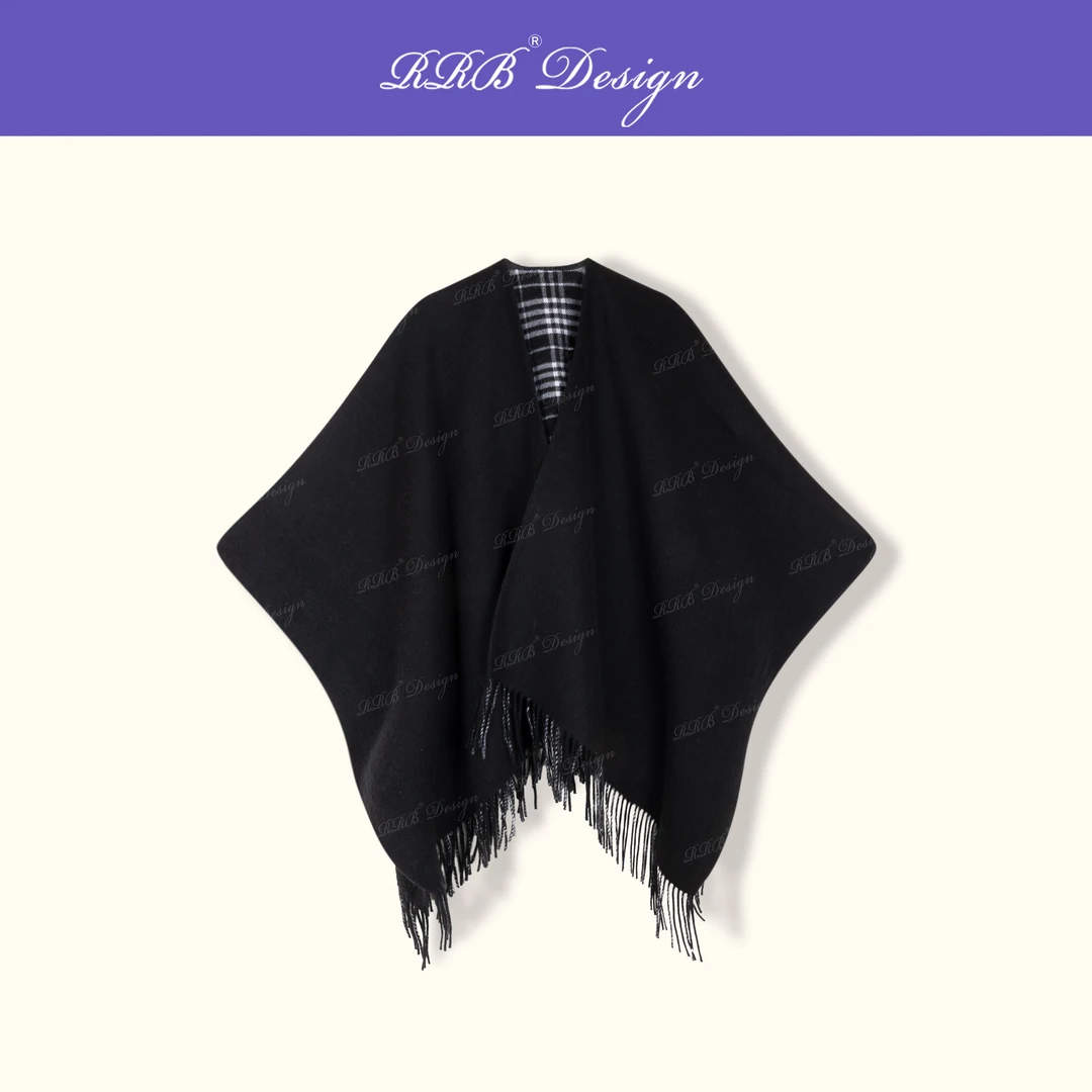 RRB Design 「爱丁堡」羊毛莱赛尔双面格纹流苏披肩外套