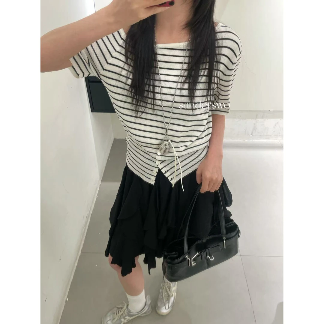 M147#SANDERSWO#韩系纽扣设计显瘦条纹短袖（福利）（27%莱赛尔）