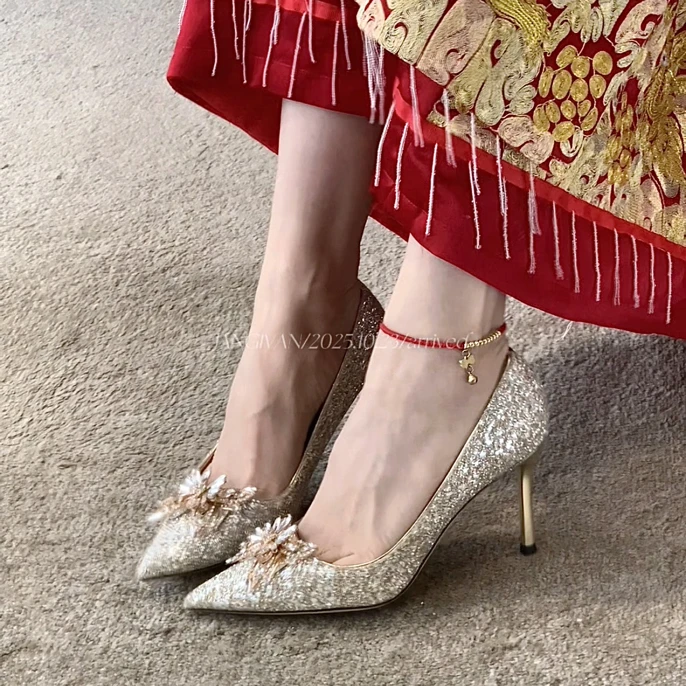 碎钻梦蝶~江亦晚·2025秀禾婚纱两穿婚鞋水钻尖头细跟高跟鞋新娘鞋