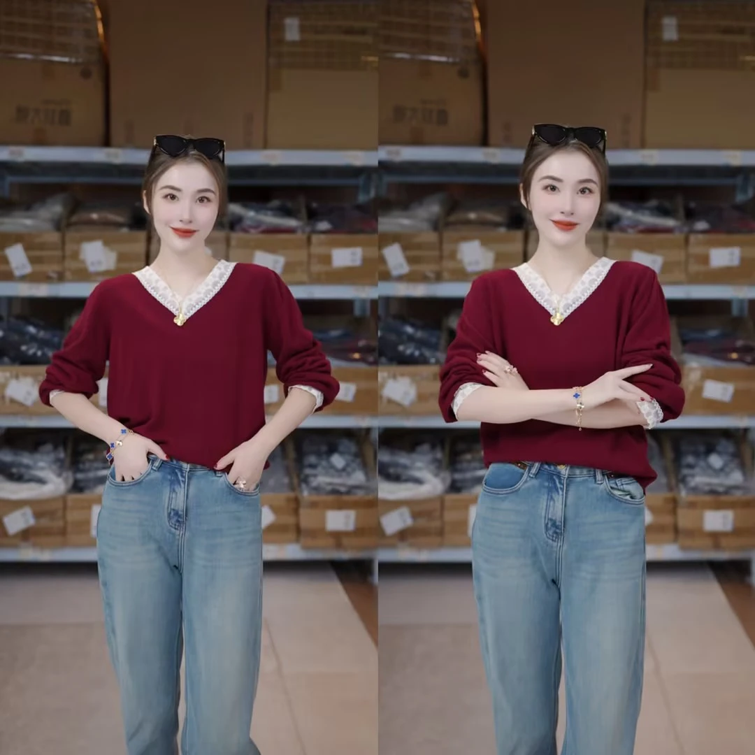 【轩姐特定】100%羊毛时尚拼接蕾丝V领针织毛衣XY241919 JDND轩羽