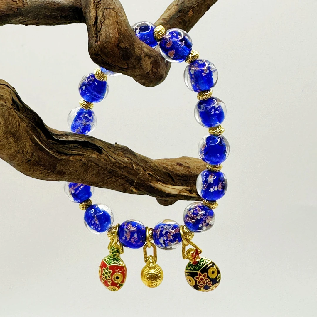 S1060 蓝色香灰琉璃金箔吞金兽心经手串单圈（无礼盒）