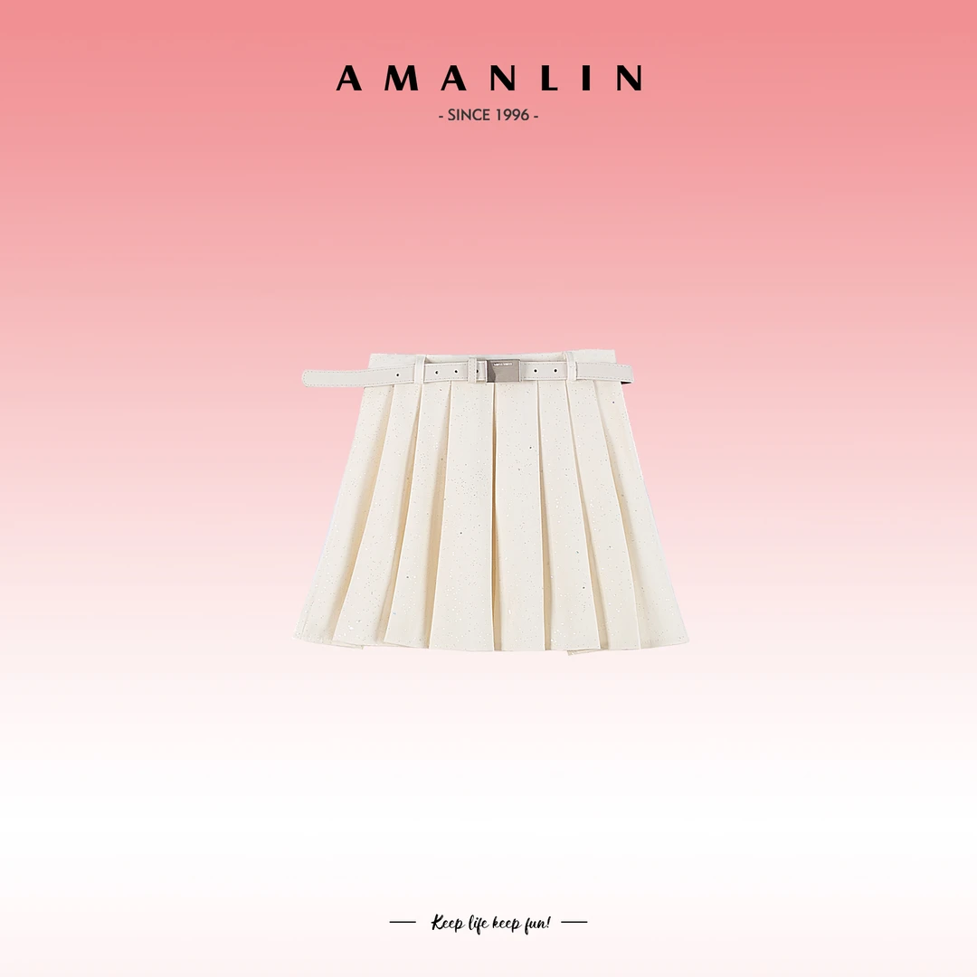 AMANLIN/阿谩琳春季穿搭细闪高腰欧若风A字百褶短裙半身裙F595568