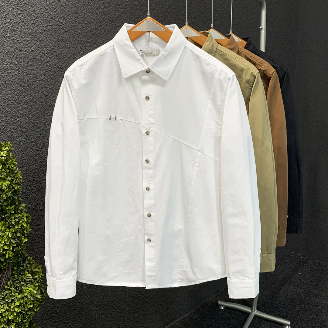 秋季新款纯棉修身男士衬衫潮流百搭设计感不规则裁剪长袖男士衬衣