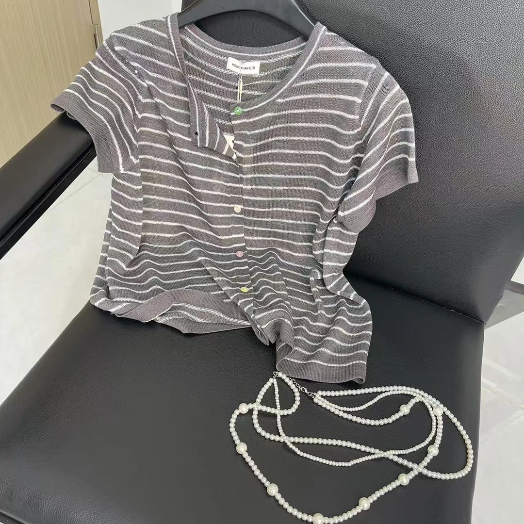 条纹短袖薄款秋季夏季女毛针织衫休闲百搭上衣