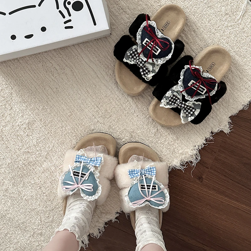 韩版时尚少女心蝴蝶结毛毛鞋女款2025年秋冬季新款厚底增高棉拖鞋