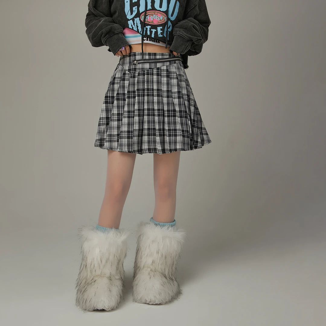 【达人专属】CHUU格纹学院风显瘦A字百搭撞色时尚感百褶半身裙-Q