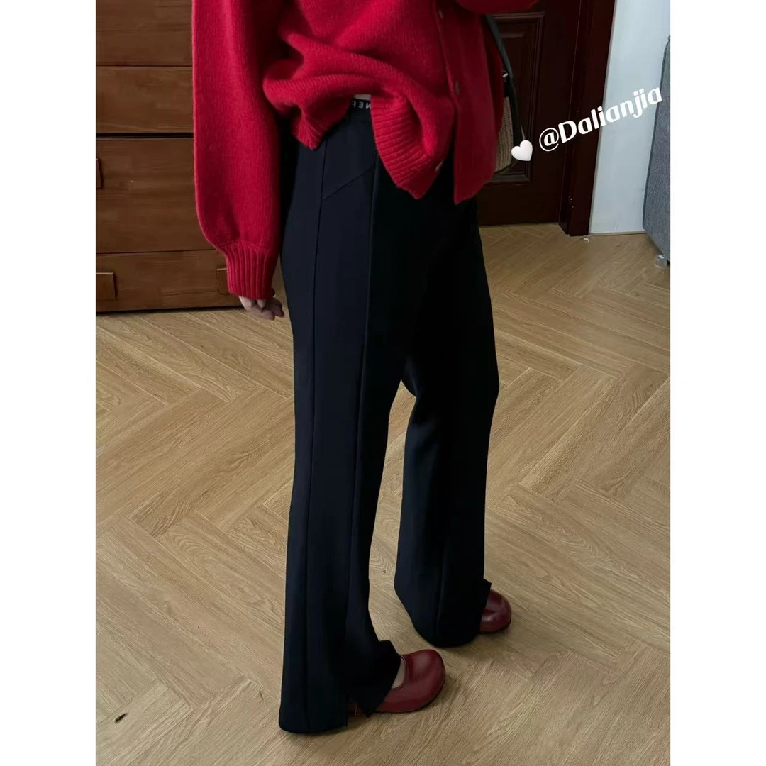 晶咕佳佳【微喇小黑裤】松紧腰百搭下摆开叉微喇小黑裤显瘦高腰时尚