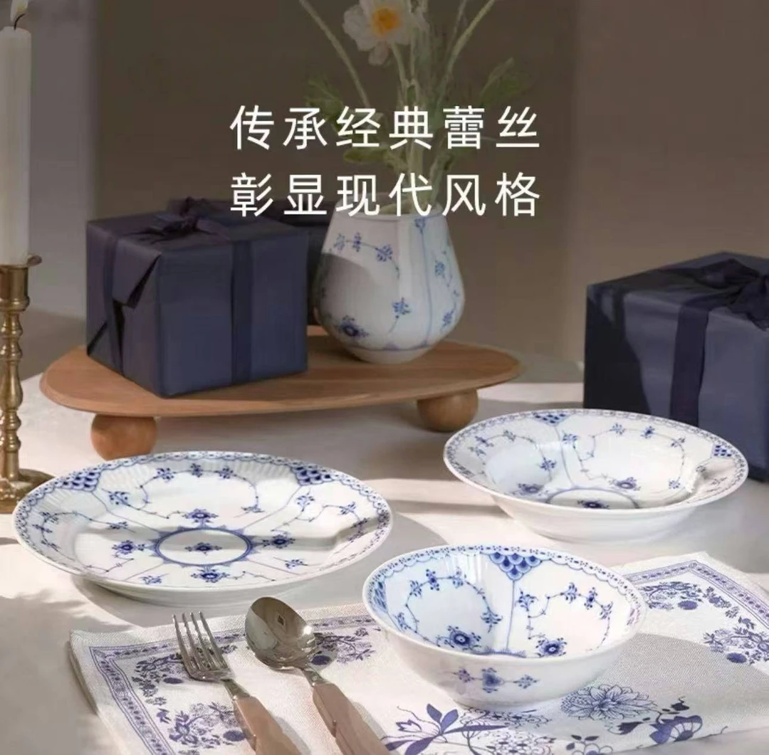 景德镇五花马唐草纹青花釉下彩餐盘圆形菜碗白瓷餐具高颜值饭碗具