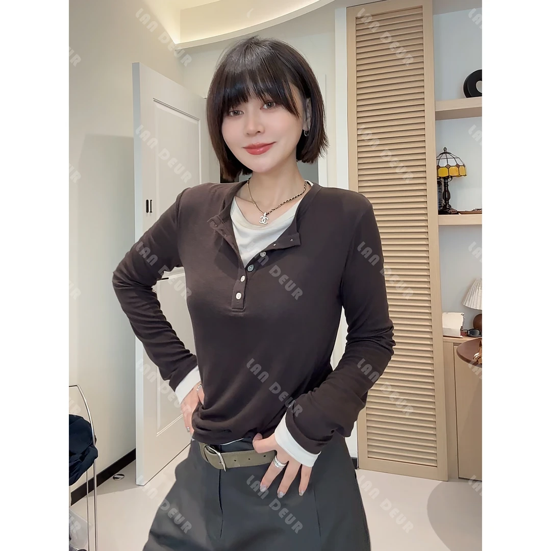 【梦影留痕】莱赛尔羊毛同色系假两件圆领长袖简约打底T恤女上衣