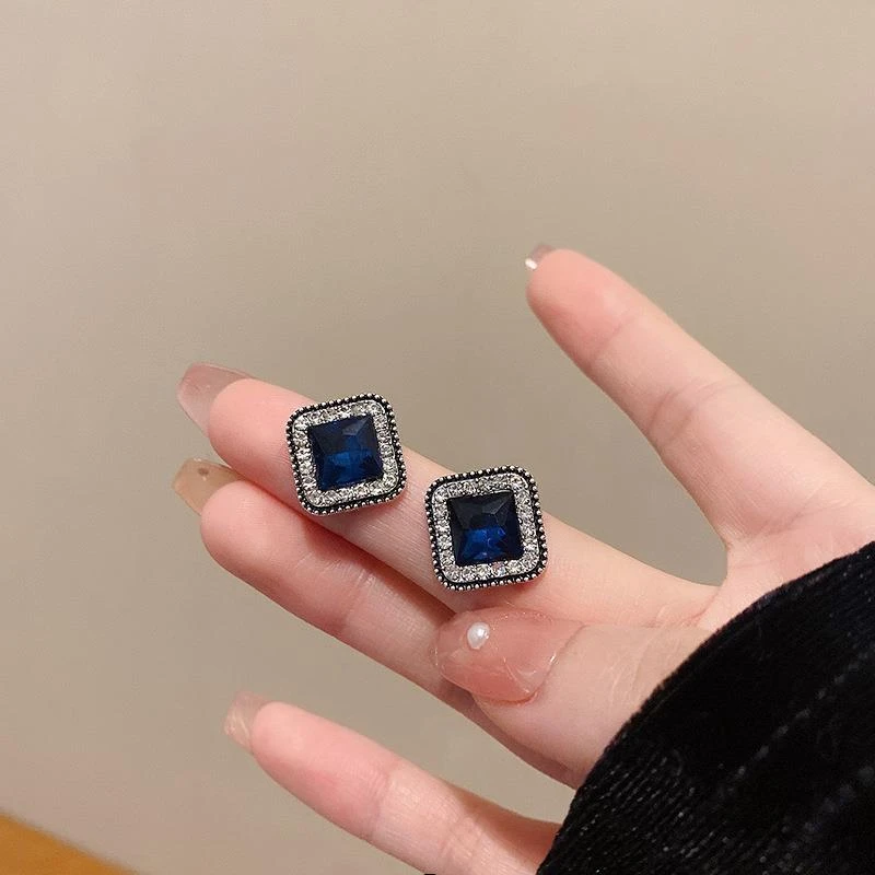 铜合金锆石耳饰 复式蓝色方形耳钉女高级感轻奢简约名媛耳环925银